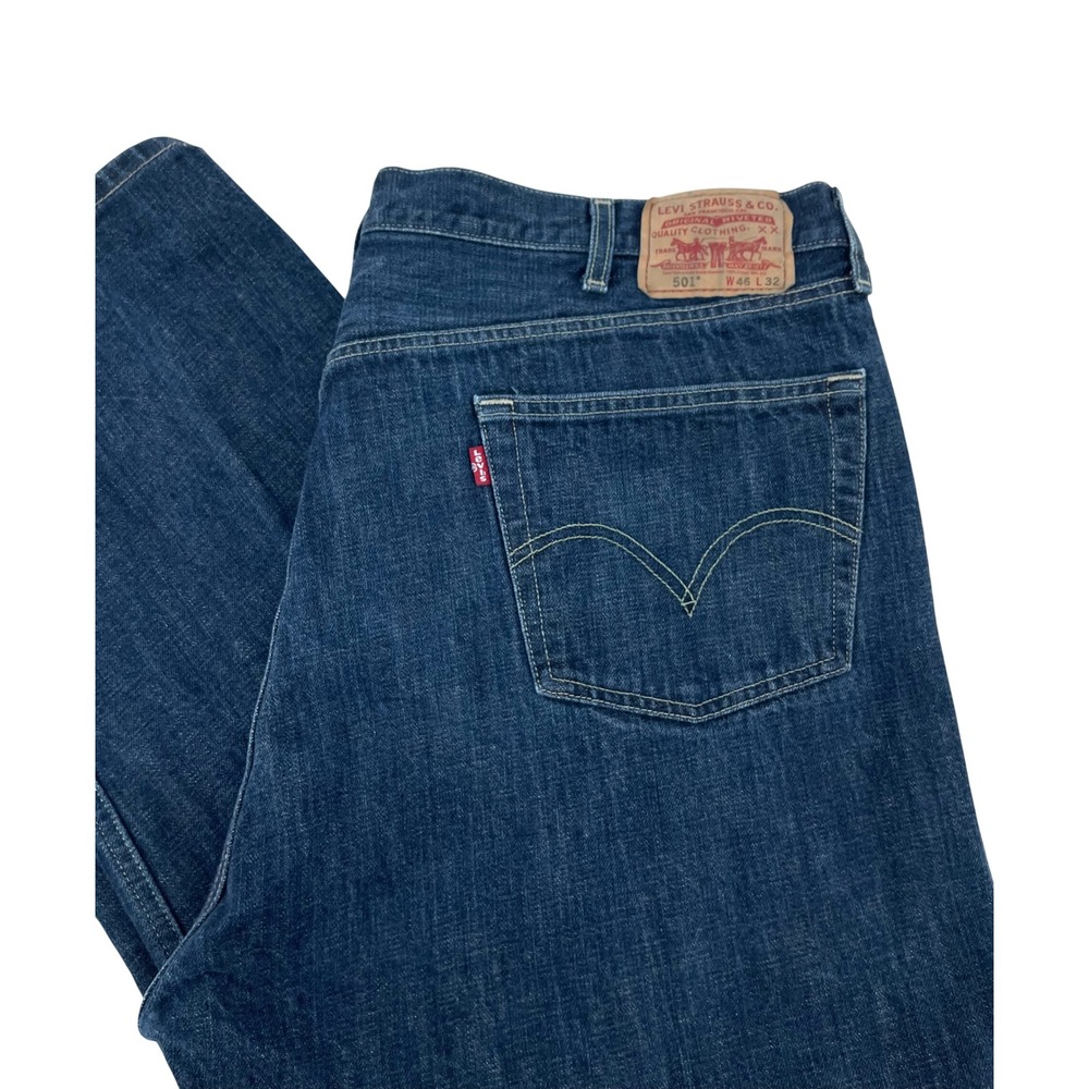 Levis 501 Original Fit Jeans Mens 46x32 Dark Wash Blue Button Fly Vintage Tag
